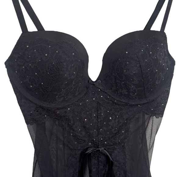 Victoria’s Secret Black Rhinestone Sheer Lacey Padded Lingerie Teddy Size 36C - Picture 3 of 10
